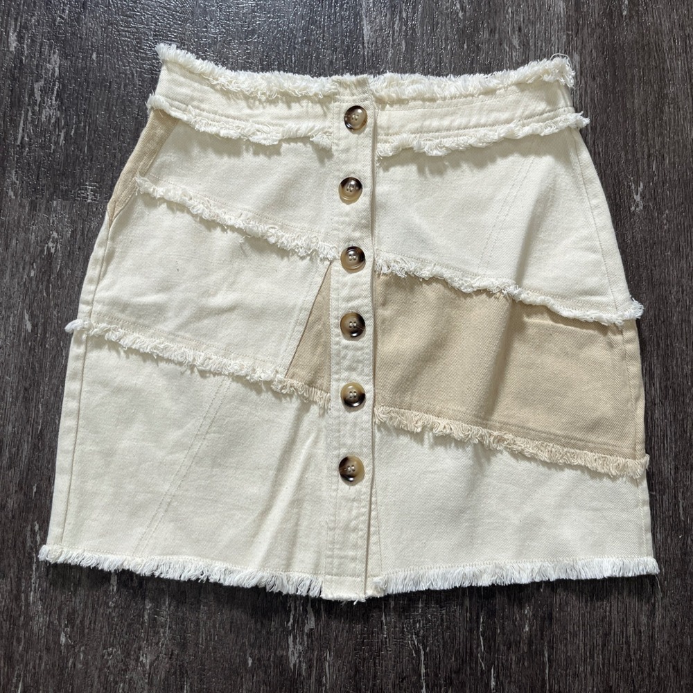 Y2K Very J Cream Patchwork Denim Mini Skirt Button Front Frayed Hem NWT M